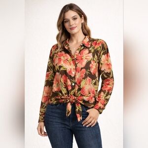 90s Linen Red Pink Brown Floral Button Down Tie Front S Hawaiian spring summer